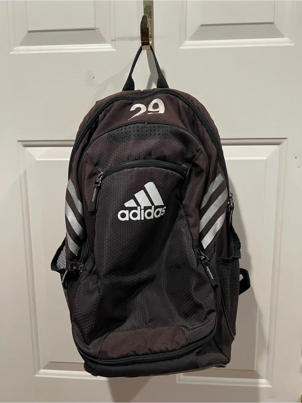adidas Men's Black Backpack with White Logo and Silver Stripes